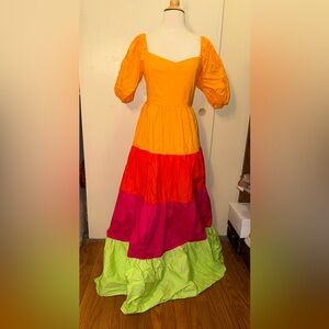 Flying Tomato Colorfulblock striped orange red green Tiered Maxi Dress sm